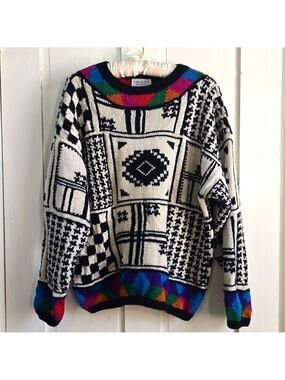 Vintage 80s 90s Roberta Frost Handknit Multi Pattern Sweater